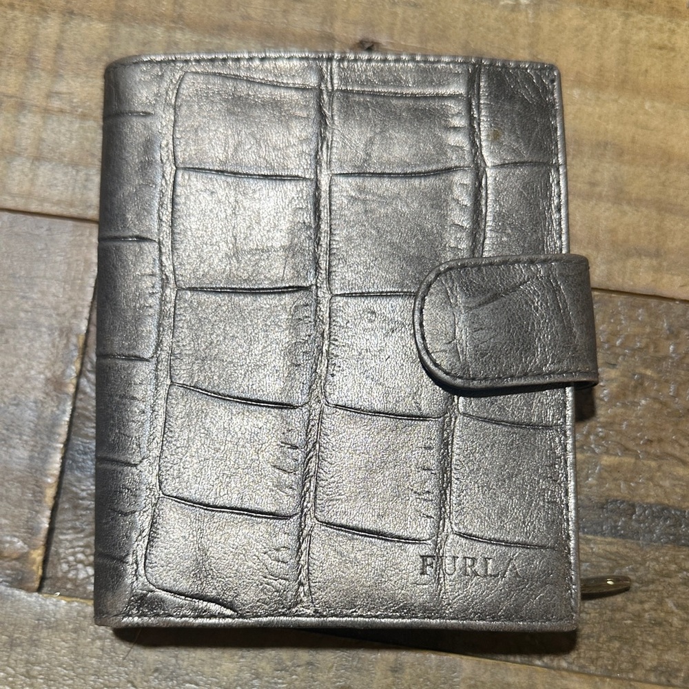 Furla Metallic Gunmetal  Croc-Embossed Leather Wallet / Card Holder